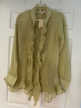 Anthropologie Letmebe Light Green Ruffled Blouse
